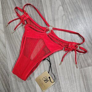 Honey Birdette Ganieve Red Brazilian Brief Panty Mesh and Satin Size M